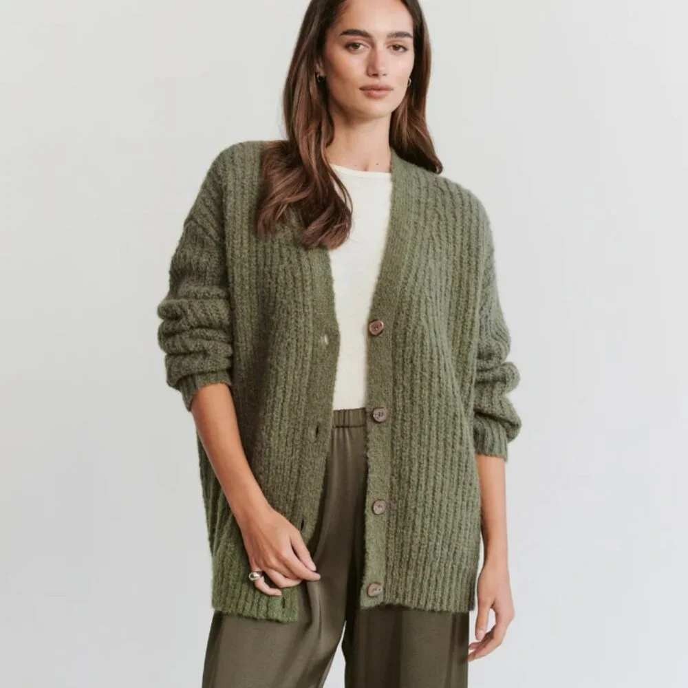Jenni Kayne Cocoon Cardigan Herb Green Alpaca Wool Blend Ribbed Knit Medium